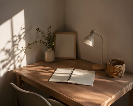 Neutral Corner Study Table Featuring Blank Notebook Small Lamp And Soft Afternoon Shadows