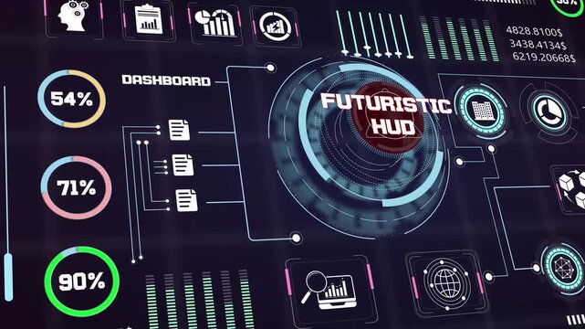 Modern high tech interface presenting animated futuristic hud graphics and interactive database chart components
