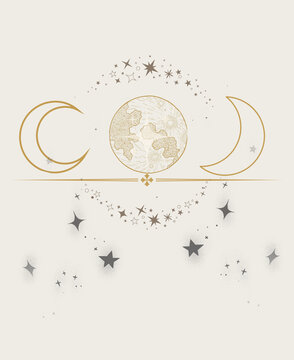Luz de Luna Celestial - Ilustraci&oacute;n minimalista de fases lunares y estrellas en estilo line art dorado.