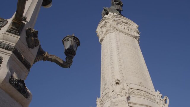 Close View of Marques de Pombal Monument Sculpture in Lisbon Portugal During Summer Golden Hour Shot with Cinema Camera
