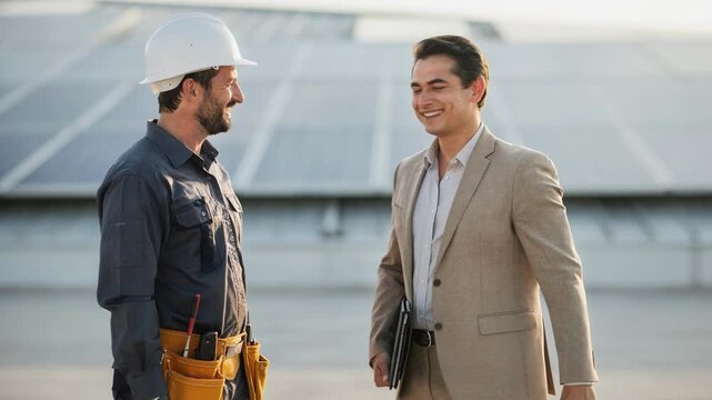 Medium shot of a professional shaking hands with a solar installer after approving a green equipment finance deal solar arrays faintly visible behind them