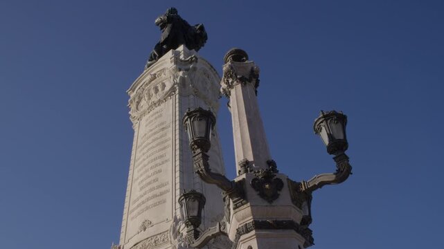 Close Up of Stone Sculpture on Marques de Pombal Monument in Lisbon Portugal During Summer Golden Hour Shot with Cinema Camera