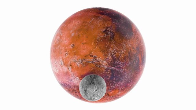 A detailed illustration of the planet Mars with its moon Phobos shown in close proximity.