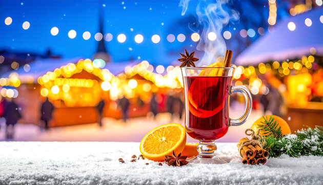 Dampfender Gl&uuml;hwein mit Zimtstange und Orangenscheibe auf verschneitem Tisch vor Weihnachtsmarkt