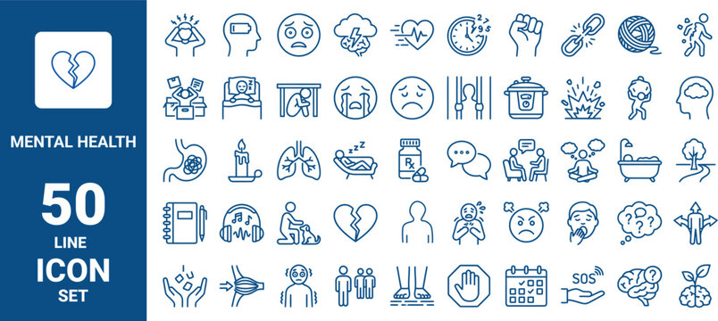 Set of 50 mental health line icons, psychology, therapy, emotional wellbeing, stress, depression, and mindfulness symbols