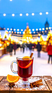 Dampfender Gl&uuml;hwein mit Zimtstange und Orangenscheibe auf verschneitem Tisch vor Weihnachtsmarkt