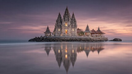 Naklejka premium Serene Prambanan Temple Reflection at Sunrise: A Cultural Landmark in Indonesia