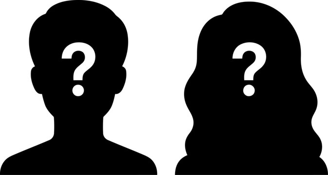 Silhouette of male and female with question marks on faces isolated on white background representing anonymity and mystery