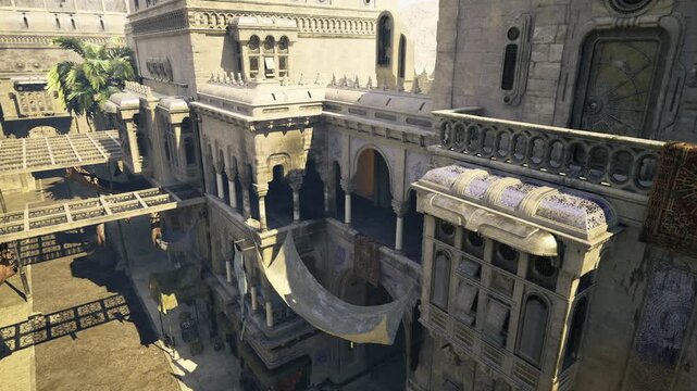 sunlit sandstone fortress passage with sweeping arches and deep shadows, empty courtyard suggests cinematic exploration and historic preservation survey