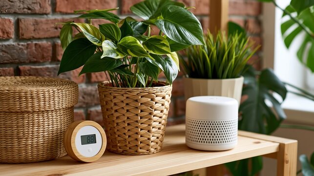 Organized wooden shelf with air purifier, humidity gauge, baskets, and houseplants