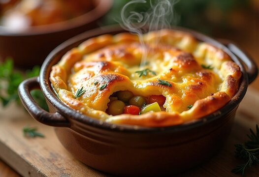 Individual Golden Crust Chicken Pot Pie Layered with Savory Bisque and Rustic Vegetable Blend in Ramekin