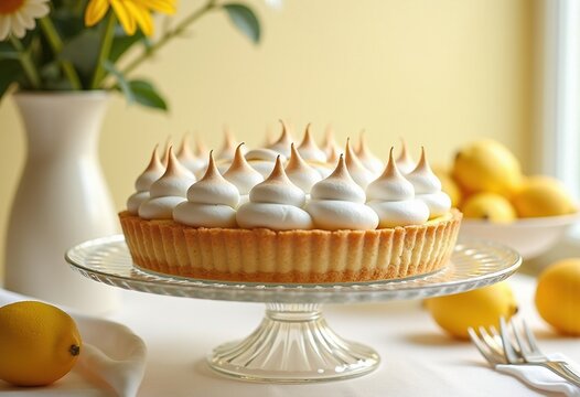 Lemon Meringue Pie with Fluffy Peaks on Glass Cake Stand Serving Presentation