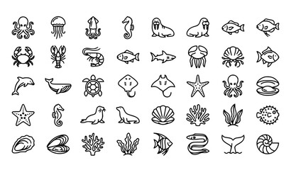 Marine Animals Thin Line Icon Set with Octopus Shark Dolphin Turtle Crab and Ocean Wildlife Editable Stroke Vector © Nela