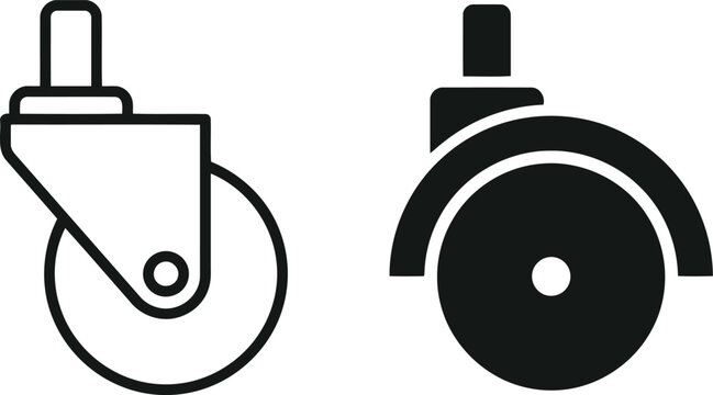Black and white caster wheel icons in minimalist design style isolated on white background for industrial and mechanical applications