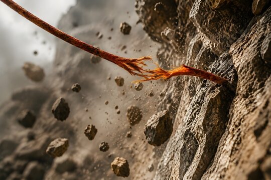 Rockfall Climbing Rope Snaps Against Cliff As Flying Debris Creates Dramatic Extreme Adventure Scene Photography