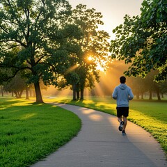 Obraz premium Man jogs on park path with trees during sunrise. Warm sun filters through leaves, casting light rays. Person pursues healthy outdoor activity.