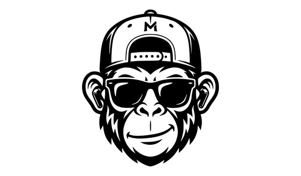 Monochrome Monkey Head with Sunglasses Logo Vector Illustration EPS