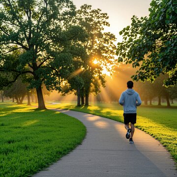Man jogs on park path with trees during sunrise. Warm sun filters through leaves, casting light rays. Person pursues healthy outdoor activity.