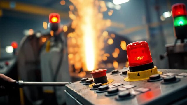Operator adjusts control panel while sparks fly from machinery in an industrial setting with warning lights illuminating the workspace