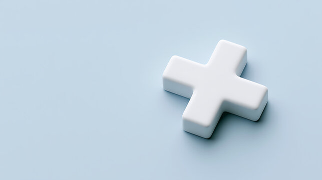 White volumetric plus sign stands on a soft light blue background, creating a minimalist and clean composition of abstract data and concepts