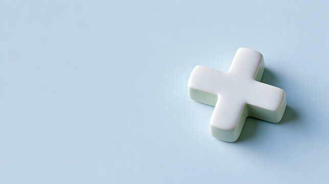 Minimalist white plus sign symbol on a calm light blue background, representing addition, positivity, and healthcare concepts with copy space