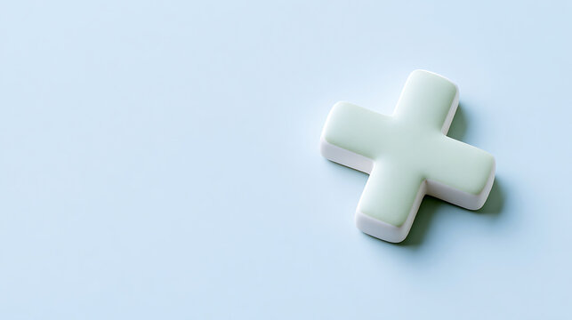 Minimalist white plus sign symbol on a clean light blue background with soft shadows, representing addition and positive concepts