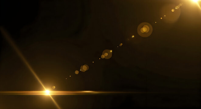 A bright golden sun flare effect with glowing light streaks and lens reflections isolated on a solid black background for graphic design