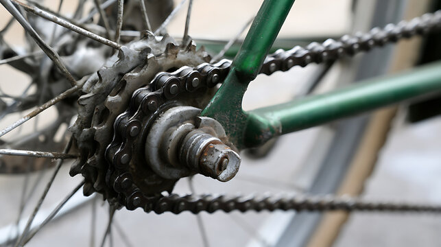 Close up view of the gear and chain on the back wheel of a green bicycle, showing mechanical details and textures of metal parts