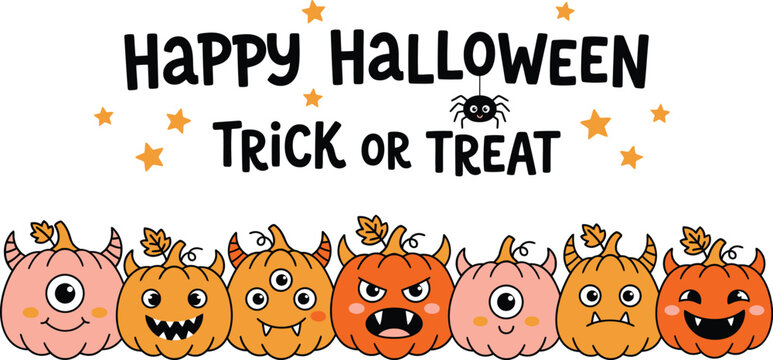 Decorative halloween vector illustration featuring cute orange and pink monster pumpkins with funny faces and stars on white background surface