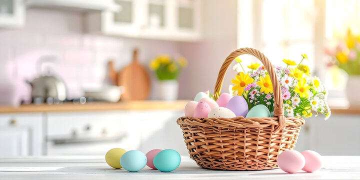 Osterkorb mit bunt gef&auml;rbten Ostereiern und Fr&uuml;hlingsblumen auf einem Tisch in der K&uuml;che