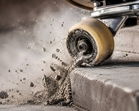 Skateboard Wheel Strikes Stair Edge Exploding Concrete Dust in Dramatic Extreme Sports Action Closeup Photography