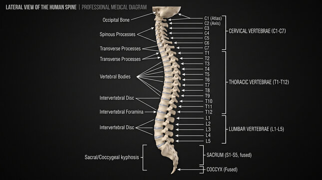 Lateral view human spinal column anatomical chart with vertebrae, skeletal