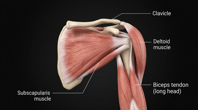 Anatomy of the human shoulder with labeled muscles and tendons, shoulder