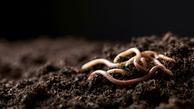 Earthworms (Lumbricus terrestris) wriggle through rich, dark soil, showcasing nature's crucial decomposers for healthy garden ecosystems and composting projects