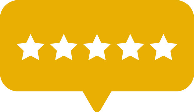 Five star rating in yellow speech bubble symbolizing excellent customer feedback and high quality service review isolated on white background for business satisfaction concept