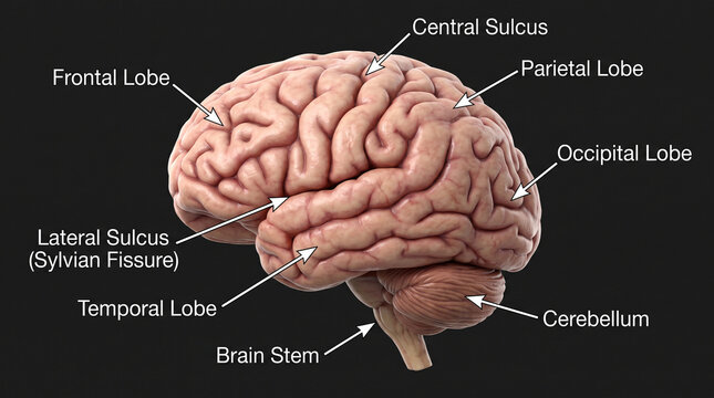 Detailed medical illustration of human brain anatomy with labels, neurology