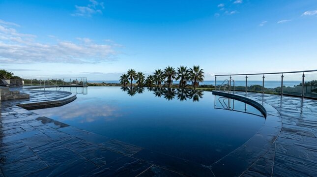 A tranquil infinity pool with palm tree reflections, wet stone terrace, glass railing and ocean horizon suits luxury resort, spa or travel marketing.