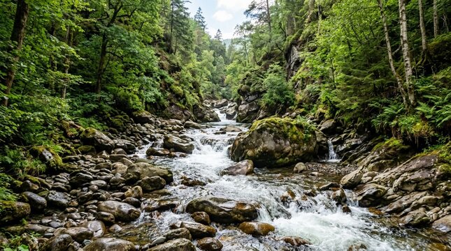 A clear mountain stream rushes through mossy boulders in a lush green forest gorge, ideal for nature travel, conservation, or outdoor adventure promotions.