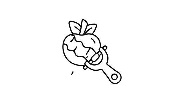 Minimalist outline animation of vegetable peeler with apple drawing on and fading out. Features a clean pop up style in 3 color setups.