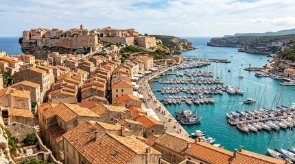 Naklejka premium Historic Mediterranean cliff town with terracotta roofs and a busy turquoise marina, suited for travel advertising, cruise tourism, or destination guides.