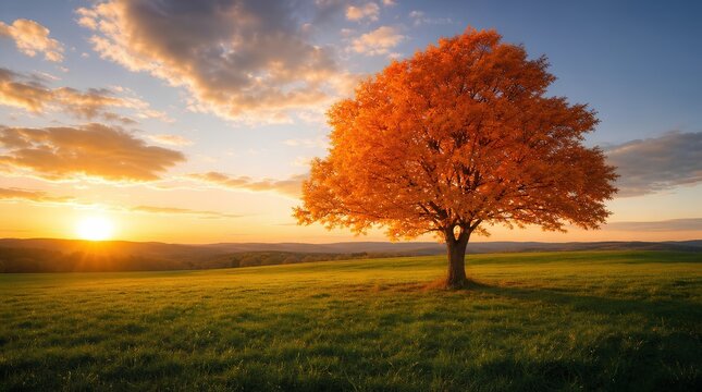 A lone tree with vivid orange autumn foliage stands in a green meadow at sunset, ideal for seasonal travel, nature, wellness, or environmental promotions.