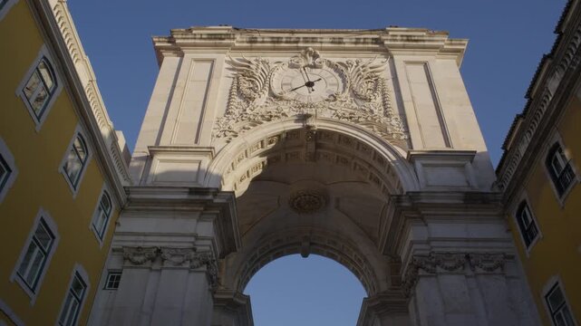 Close Up of Rua Augusta Arch Sculptural Details in Lisbon Portugal During Summer Golden Hour Shot with Cinema Camera