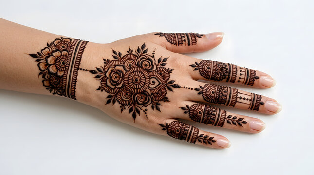 Beautiful henna tattoo design on a woman hand isolated on a white background for wedding celebration