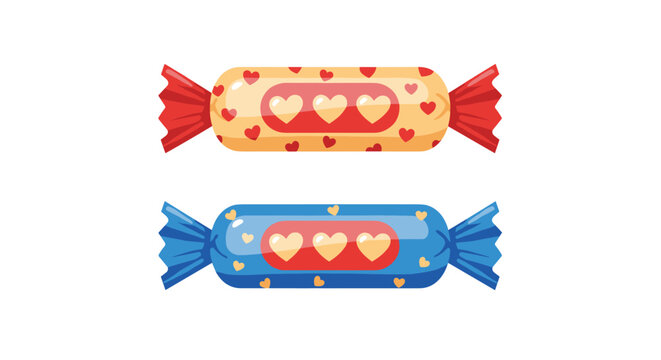 Two wrapped hard candies with heart patterns, one in yellow and red and the other in blue and yellow, on a white background.