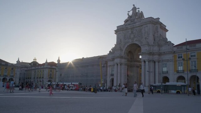 Wide View of Comercio Square and Rua Augusta Arch in Lisbon Portugal During Summer Golden Hour Shot with Cinema Camera