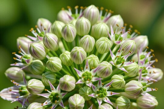 Macro of garlic scape flower buds opening. Delicate petals reveal tiny star like flowers with yellow stamens. Green stalk supports umbel shaped bloom. Natural garden plant.