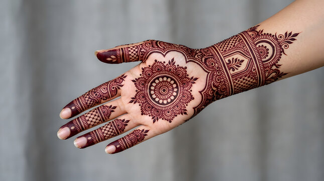 Close up of a woman hand decorated with intricate henna tattoo design for a traditional wedding celebration