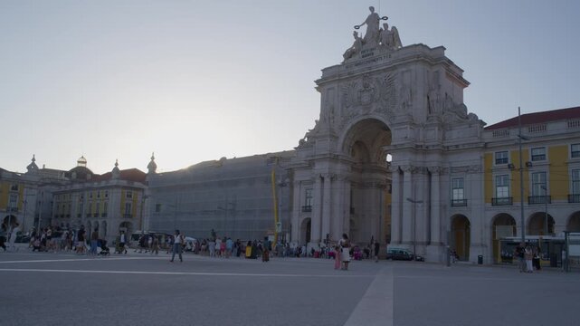 Panoramic View of Comercio Square in Lisbon Portugal During Summer Golden Hour Shot with Cinema Camera