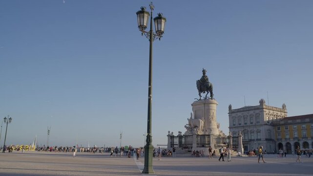 King Jose I Equestrian Statue in Comercio Square Lisbon Portugal During Summer Golden Hour Shot with Cinema Camera