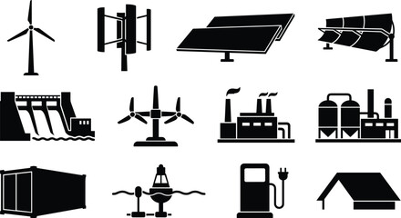 Fototapeta premium Energy Infrastructure Silhouettes Collection Featuring Wind Turbines, Solar Panels, Hydroelectric Dam, Oil Rig, Power Plants, and Charging Station